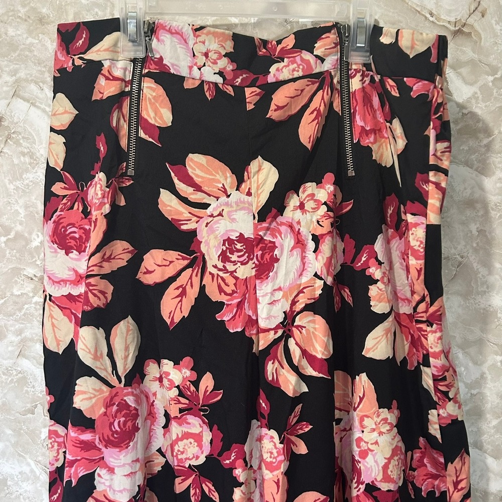 Metaphor Floral Print Wide Leg Pants Black Pink XL Zippers‎ Accents